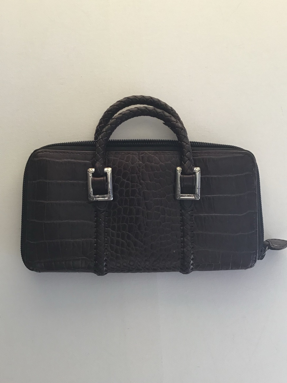 Vintage Brown Croc-Embossed Leather Zip Around Wallet Handbag Organizer Clutch
